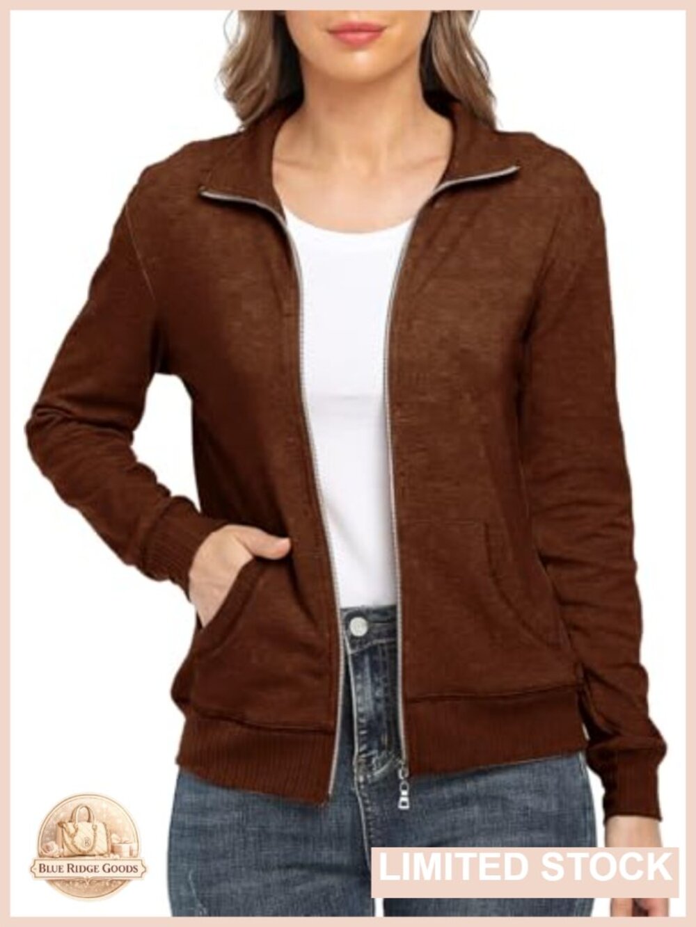 Women's Stand Collar Zip Up Long Sleeve Sweatshirt Jacket with Pockets